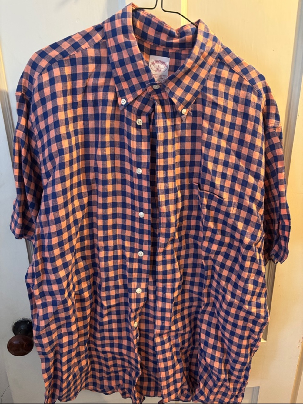 Men's Check Button-Down Shirt in Navy and Peach